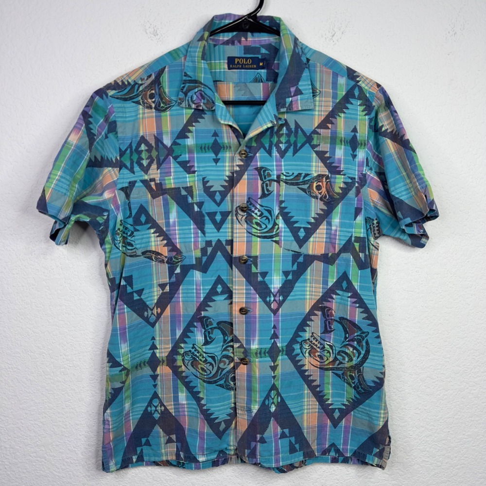 Vintage‎ Polo Ralph Lauren Shirt Mens M Madres Plaid Fish Tribal Aztec 90s Camp